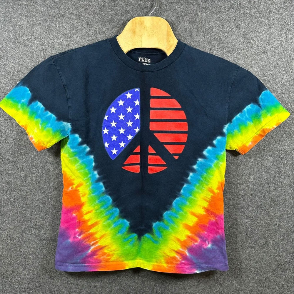 Flux Kids Navy Blue Tie Dye American Flag Peace Sign Graphic T-Shirt Size 18‎